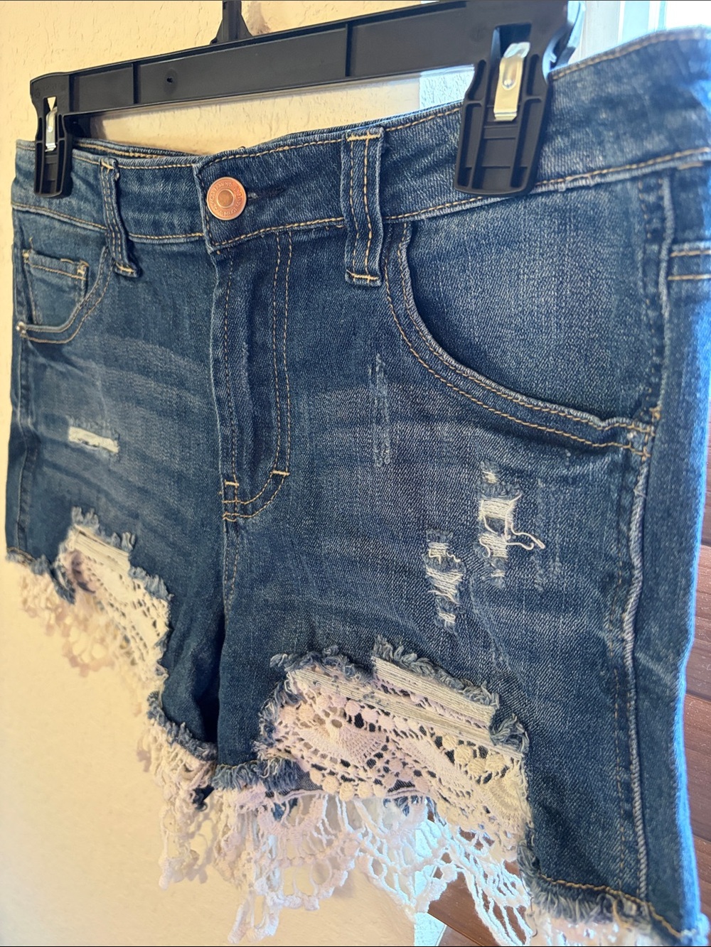 Almost Famous Dark Blue Denim Shorts with White Crochet Hem